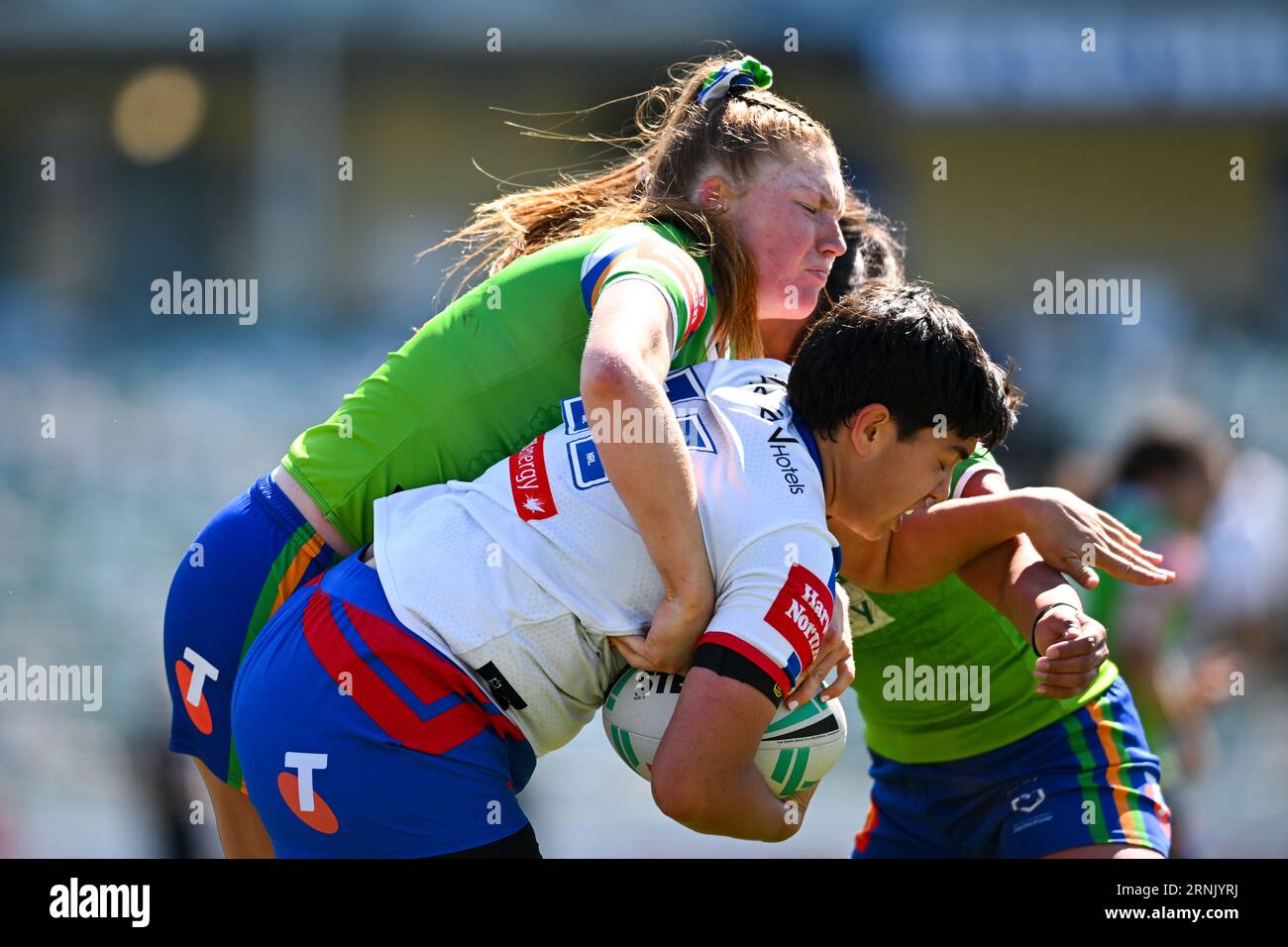 Canberra, Australia. 02nd Sep, 2023. Laishon Albert-Jones of the Knights is  tackled by Grace Kemp of the Raiders during the NRLW Round 7 match between  the Canberra Raiders and the Newcastle Knights