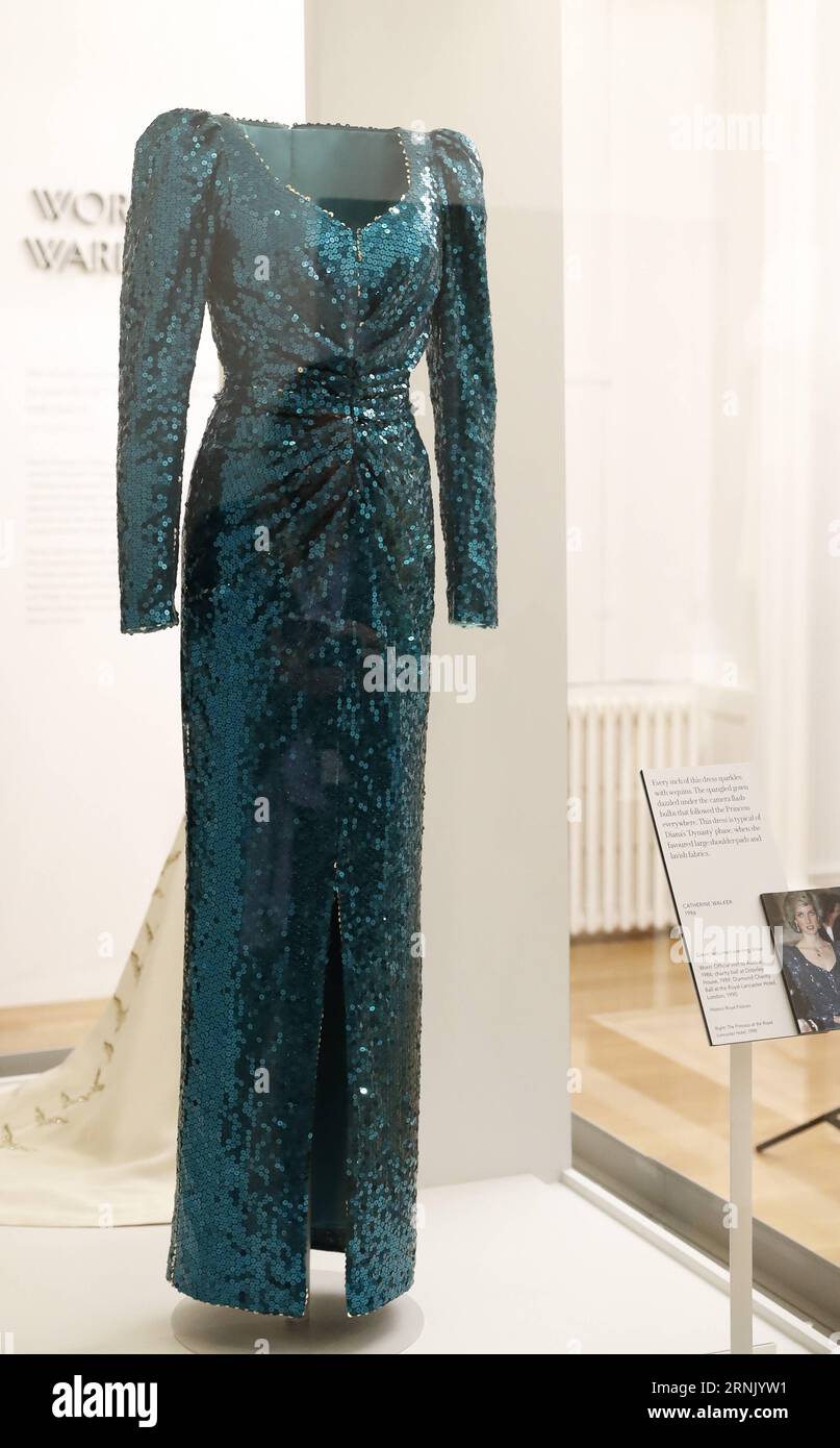 (170222) -- LONDON, Feb. 22, 2017 -- A 1986 Catherine Walker Green sequined evening dress worn on an official visit to Austria is seen at a press preview of Diana: Her Fashion Story Exhibition at the Kensington Palace in London, Britain, on Feb. 22, 2017. The exhibition Diana: Her Fashion Story , which showcases a number of the Princess dresses and outfits, will open to the public on February 24 as part of the events commemorating the life of Princess Diana to mark the 20th anniversary of her death in Paris on August 31, 1997. )(gl) BRITAIN-LONDON-DIANA-EXHIBITION HanxYan PUBLICATIONxNOTxINxCH Stock Photo