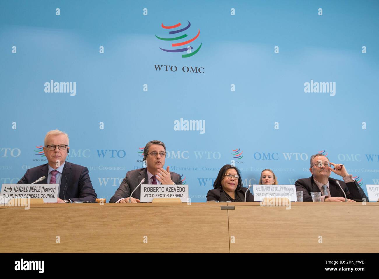 170222 -- GENEVA, Feb. 22, 2017 -- The World Trade Organization WTO Director-General Roberto Azevedo 2nd L attends a press conference in the headquarters of WTO in Geneva, Switzerland, Feb. 22, 2017. Azevedo announced on Wednesday the Trade Facilitation Agreement TFA entered into force after two-thirds of members have completed their domestic ratification process. Rwanda, Oman, Chad and Jordan on Wednesday submitted their ratifications of acceptance to Azevedo in WTO s headquarter in Geneva, bringing the total number of ratifications to 112. gl SWITZERLAND-GENEVA-WTO-TFA XuxJinquan PUBLICATION Stock Photo