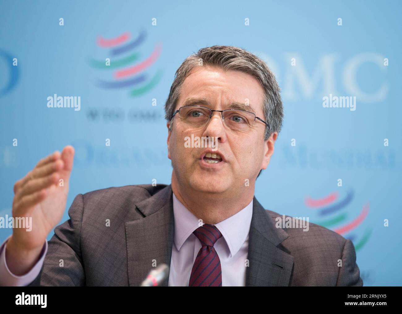 (170222) -- GENEVA, Feb. 22, 2017 -- The World Trade Organization (WTO) Director-General Roberto Azevedo addresses during a press conference in the headquarters of WTO in Geneva, Switzerland, Feb. 22, 2017. Azevedo announced on Wednesday the Trade Facilitation Agreement (TFA) entered into force after two-thirds of members have completed their domestic ratification process. Rwanda, Oman, Chad and Jordan on Wednesday submitted their ratifications of acceptance to Azevedo in WTO s headquarter in Geneva, bringing the total number of ratifications to 112. )(gl) SWITZERLAND-GENEVA-WTO-TFA XuxJinquan Stock Photo