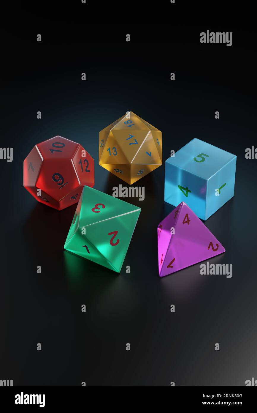Set of roleplaying dice in the shape of platonic solids. 3d illustration. Stock Photo