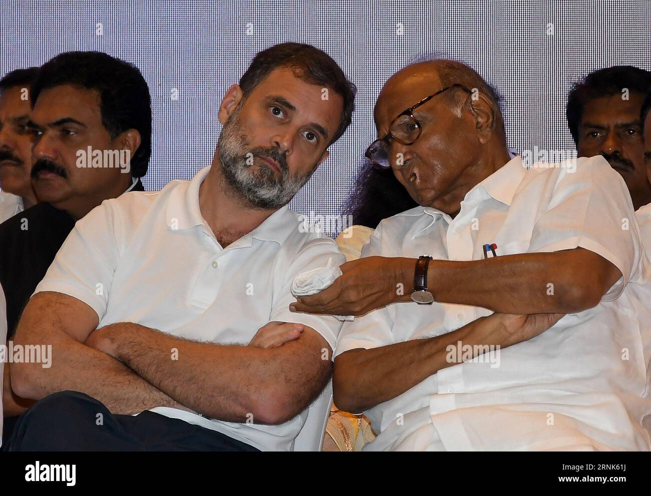 Mumbai, India. 01st Sep, 2023. L-R Member of Parliament (MP) Rahul Gandhi and Nationalist Congress Party (NCP) chief Sharad Govindrao Pawar interact during the INDIA alliance press conference in Mumbai. The press conference concluded with a plan to take on the National Democratic Alliance (NDA) in the upcoming Lok Sabha election taking place in 2024. Credit: SOPA Images Limited/Alamy Live News Stock Photo