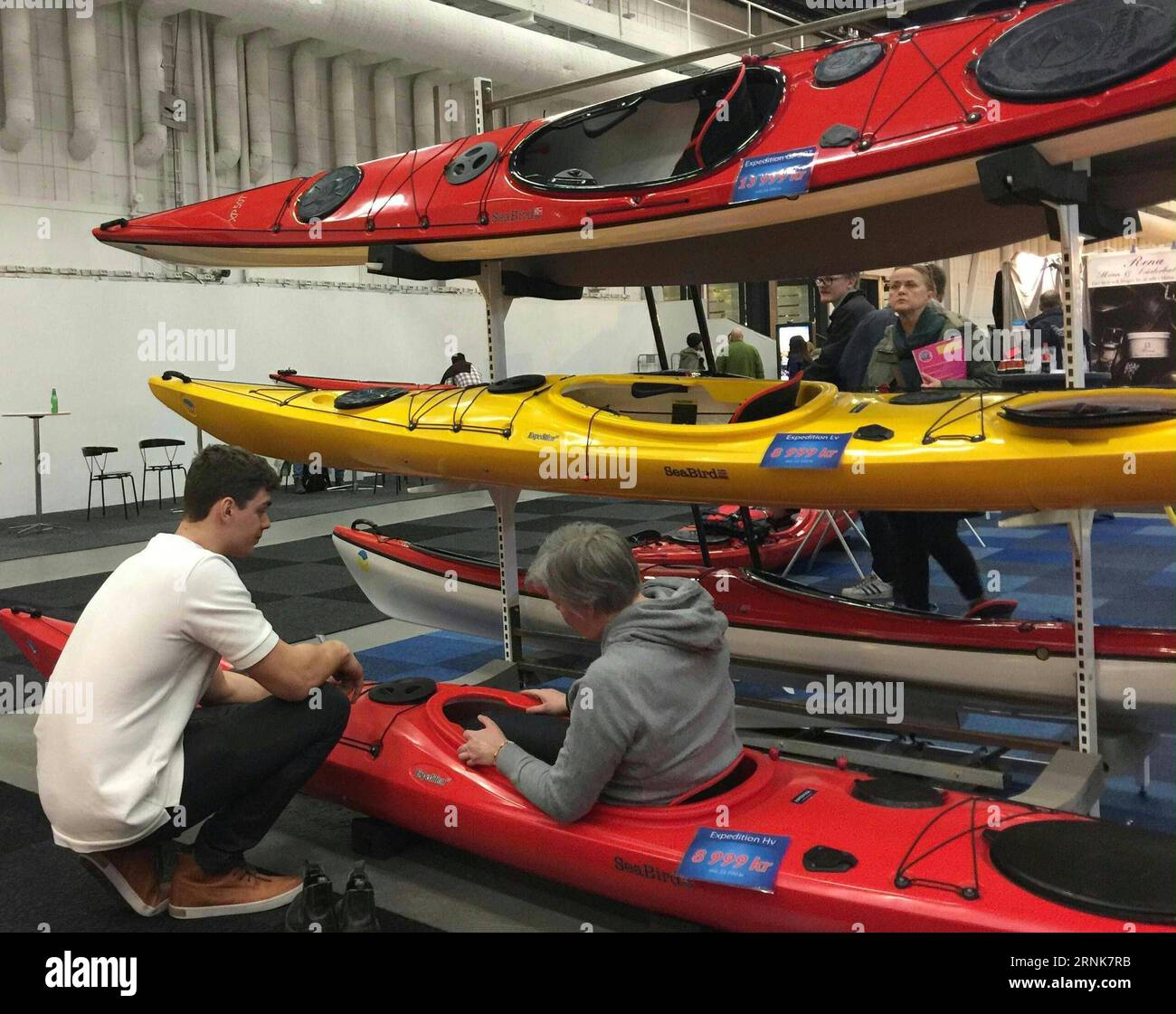 STOCKHOLM, A Swede experiences a SeaBird kayak at the 2017 Swedish Outdoor  Show in Stockholm, capital of Sweden, on March 11, 2017. The show, held  from March 10 to March 12, is