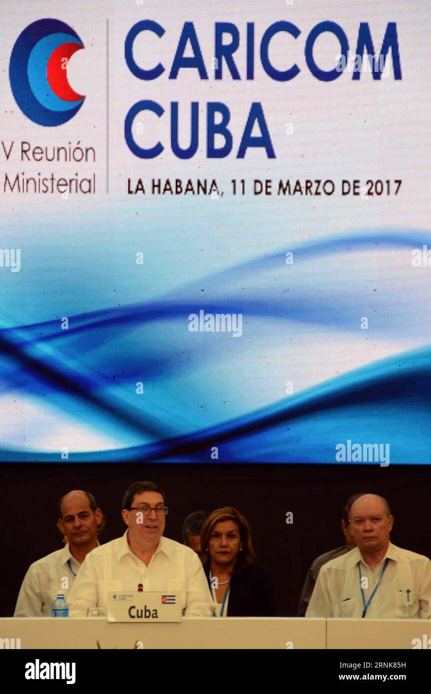 (170312) -- HAVANA, March 11, 2017 -- Cuban Foreign Minister Bruno Rodriguez (L front) speaks at the inauguration of the 5th CARICOM-Cuba Ministerial Meeting in Havana, Cuba, on March 11, 2017. Cuba and the Caribbean Community (CARICOM)announced in Havana on Saturday a joint strategic work plan for raising the region s global profile and strengthen the bloc s development in various fields. Joaquin Hernandez) (ma) (fnc) CUBA-HAVANA-CARICOM-MEETING e JoaquinxHernandez PUBLICATIONxNOTxINxCHN   170312 Havana March 11 2017 Cuban Foreign Ministers Bruno Rodriguez l Front Speaks AT The Inauguration o Stock Photo