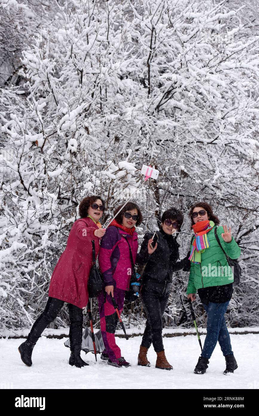 (170312) -- PINGLIANG, March 12, 2017 -- Tourists pose for pictures with the snow scenery at Kongtong Mountain in Pingliang City, northwest China s Gansu Province, March 12, 2017. ) (lb) CHINA-GANSU-KONGTONG MOUNTAIN-SNOW SCENERY(CN) LiuxXiao PUBLICATIONxNOTxINxCHN   170312 Pingliang March 12 2017 tourists Pose for Pictures With The Snow scenery AT Kongtong Mountain in Pingliang City Northwest China S Gansu Province March 12 2017 LB China Gansu Kongtong Mountain Snow scenery CN LiuxXiao PUBLICATIONxNOTxINxCHN Stock Photo