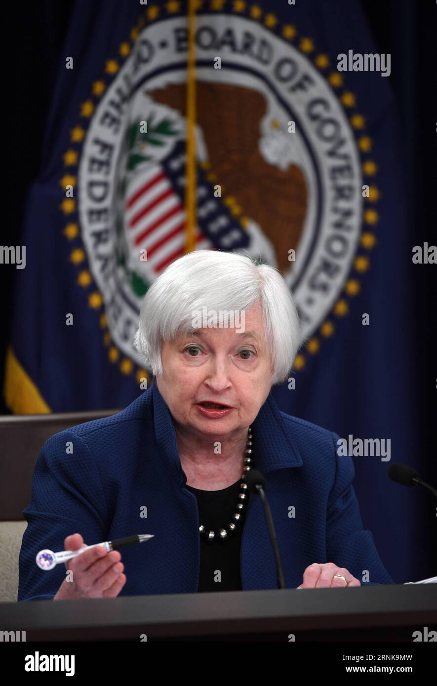 170315 -- WASHINGTON, March 15, 2017 -- U.S. Federal Reserve Chair Janet Yellen speaks during a news conference in Washington D.C., capital of the United States, on March 15, 2017. U.S. Federal Reserve on Wednesday raised interest rates for the third time since the 2008 global financial crisis, with the job market strengthening and inflation rising toward its target.  U.S.-WASHINGTON D.C.-FEDERAL RESERVE-INTEREST RATES-RAISING YinxBogu PUBLICATIONxNOTxINxCHN Stock Photo