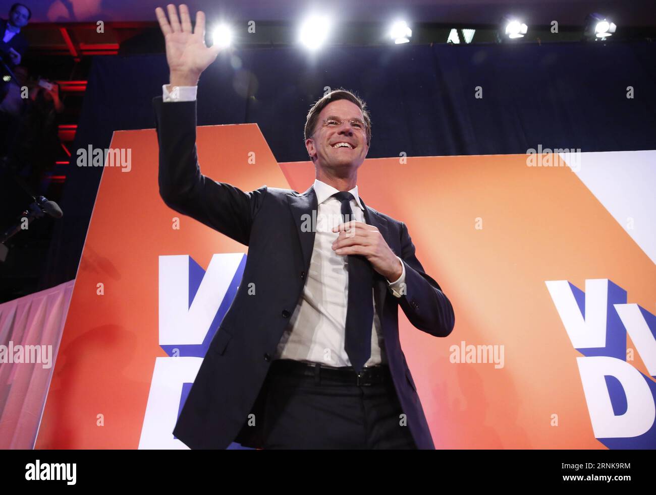 (170315) -- THE HAGUE, March 15, 2017 -- Dutch Prime Minister and People s Party for Freedom and Democracy VVD leader Mark Rutte gestures during election night for his liberal rightist party VVD in The Hague, the Netherlands, on March 15, 2017. The liberal rightist party VVD of Prime Minister Mark Rutte took the lead in the Dutch parliamentary elections, according to the final exit poll released on Wednesday, with the far-right party PVV staying far behind. ) THE NETHERLANDS-THE HAGUE-PARLIAMENTARY ELECTIONS-EXIT POLL-VVD-LEADING-MARK RUTTE YexPingfan PUBLICATIONxNOTxINxCHN   The Hague March 1 Stock Photo