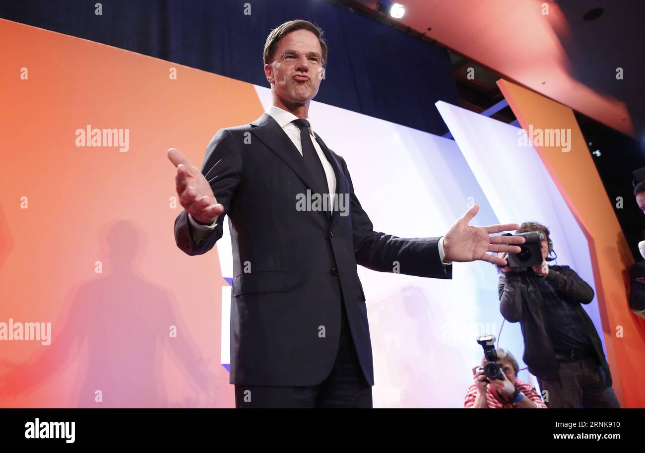 (170315) -- THE HAGUE, March 15, 2017 -- Dutch Prime Minister and People s Party for Freedom and Democracy VVD leader Mark Rutte gestures during election night for his liberal rightist party VVD in The Hague, the Netherlands, on March 15, 2017. The liberal rightist party VVD of Prime Minister Mark Rutte took the lead in the Dutch parliamentary elections, according to the final exit poll released on Wednesday, with the far-right party PVV staying far behind. ) THE NETHERLANDS-THE HAGUE-PARLIAMENTARY ELECTIONS-EXIT POLL-VVD-LEADING-MARK RUTTE YexPingfan PUBLICATIONxNOTxINxCHN   The Hague March 1 Stock Photo