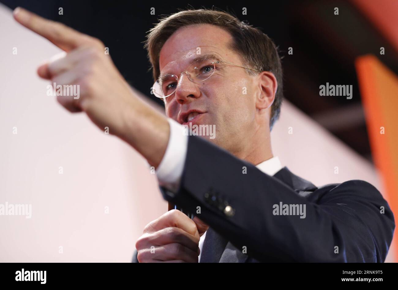 (170315) -- THE HAGUE, March 15, 2017 -- Dutch Prime Minister and People s Party for Freedom and Democracy VVD leader Mark Rutte speaks during election night for his liberal rightist party VVD in The Hague, the Netherlands, on March 15, 2017. The liberal rightist party VVD of Prime Minister Mark Rutte took the lead in the Dutch parliamentary elections, according to the final exit poll released on Wednesday, with the far-right party PVV staying far behind. ) THE NETHERLANDS-THE HAGUE-PARLIAMENTARY ELECTIONS-EXIT POLL-VVD-LEADING-MARK RUTTE YexPingfan PUBLICATIONxNOTxINxCHN   The Hague March 15 Stock Photo