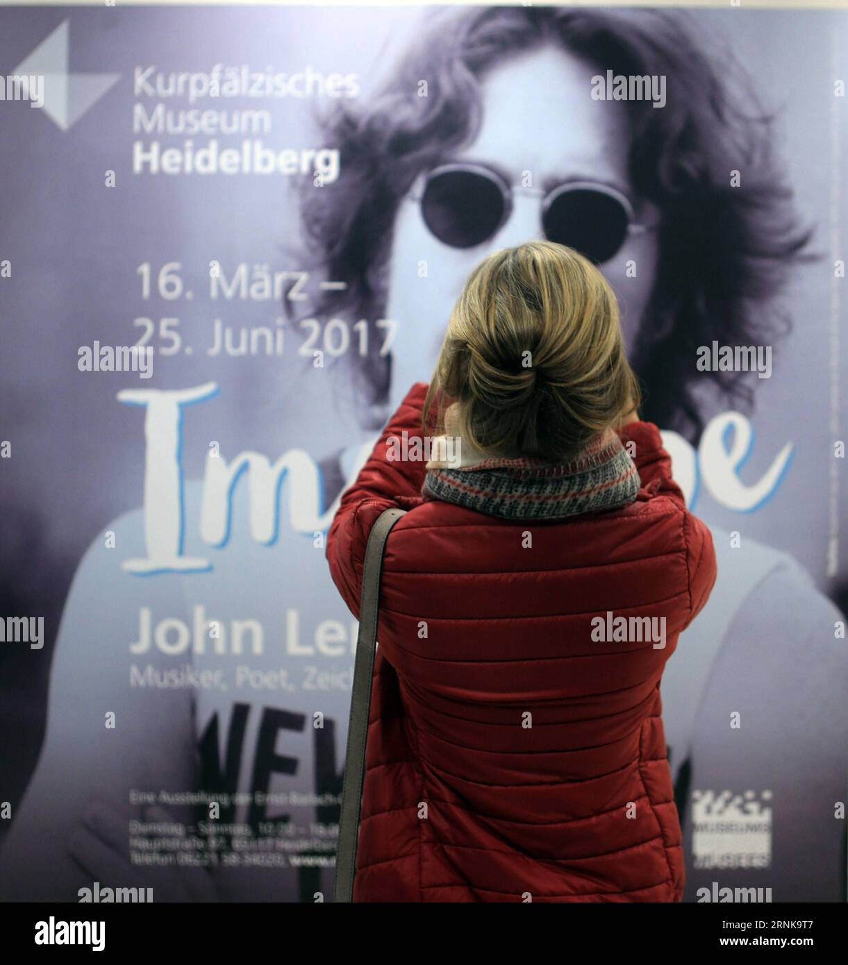 (170316) -- HEIDELBERG, March 15, 2017 -- A woman visits the exhibition Imagine John Lennon at the Kurpfaelzische Museum in Heidelberg, Germany, on March 15, 2017. Opened on Wednesday the exhibition will last to June 25, 2017. )(gj) GERMANY-HEIDELBERG-JOHN LENNON LuoxHuanhuan PUBLICATIONxNOTxINxCHN   170316 Heidelberg March 15 2017 a Woman visits The Exhibition Imagine John Lennon AT The Kurpfälzische Museum in Heidelberg Germany ON March 15 2017 opened ON Wednesday The Exhibition will Load to June 25 2017 GJ Germany Heidelberg John Lennon LuoxHuanhuan PUBLICATIONxNOTxINxCHN Stock Photo