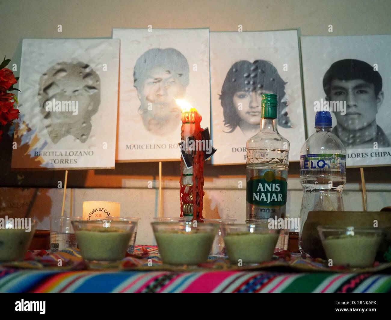 Portraits of the victims at the funeral of some of the skeletal remains of the students: Bertila Lozano Torres, Dora Oyague Fierro, Armando Amaro Condor, Felipe Flores Chipana and Marcelino Rosales Cárdenas victims of the massacre at La Cantuta University, restored to their families almost 32 years after the massacre. The massacre took place in Lima on July 18, 1992 during the presidency of Alberto Fujimori; when a university professor and nine students from the Enrique Guzman y Valle National University of Education, known as La Cantuta, were kidnapped, disappeared, killed and burned by the C Stock Photo