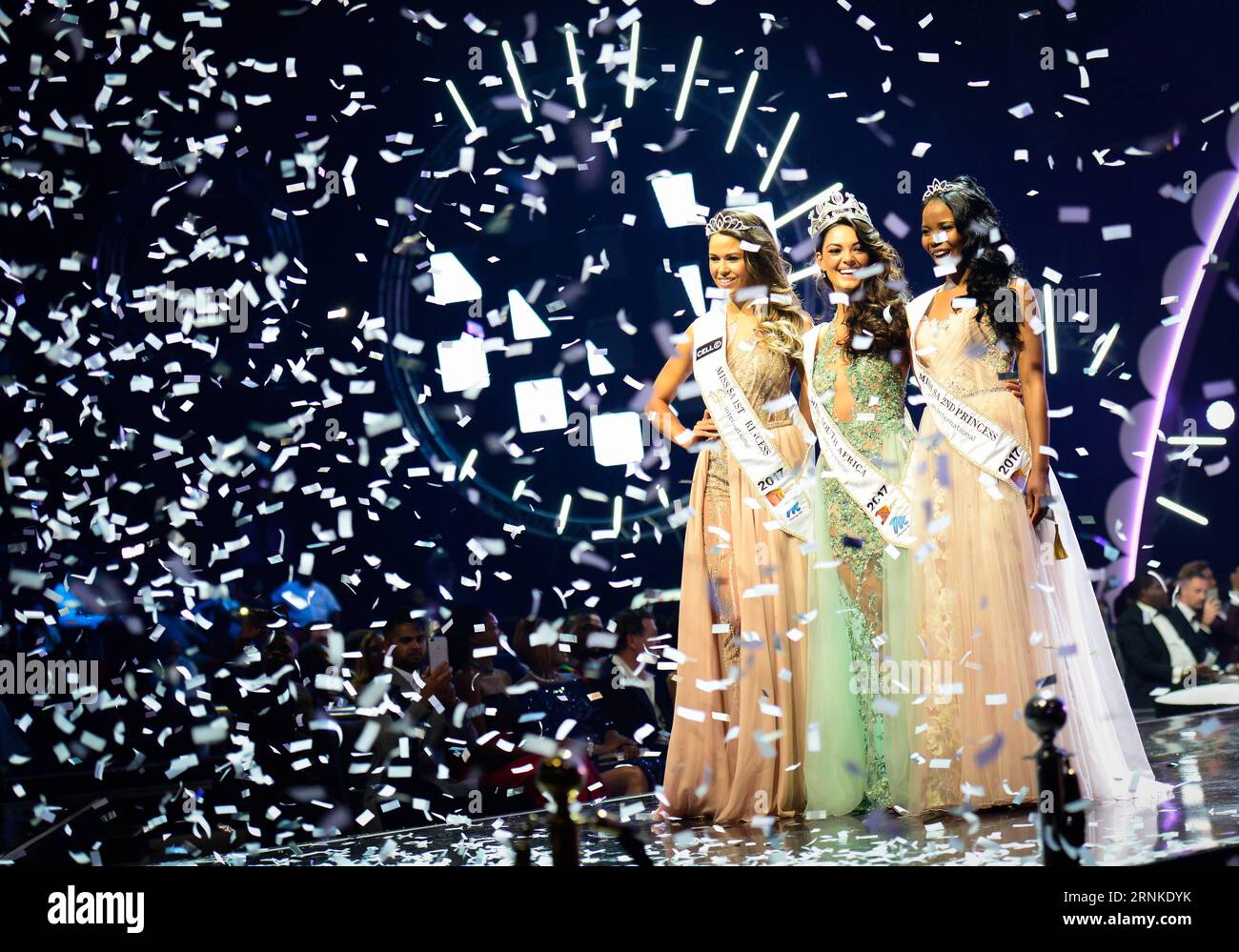 Bilder des Tages (170326) -- SUN CITY (SOUTH AFRICA), March 26, 2017 -- The first prize winner Demi-Leigh Nel-Peters (C), the first runner-up Ade van Heerden (L) and the second runner-up Boipelo Mabe pose for photos during the?Miss?South?Africa?2017 Pageant and Celebration in Sun City, North West Province,?South?Africa, on March 26, 2017. The?Miss?South?Africa?2017 Pageant and Celebration was held here Sunday. Demi-Leigh Nel-Peters from Sedgefield in the Western Cape Province, a 21-year-old part-time model, was crowned?Miss?South?Africa?2017 with a prize of one million rand (about 80,000 US do Stock Photo