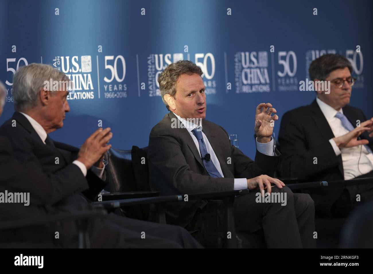 (170330) -- NEW YORK, March 30, 2017 -- Former U.S. treasury secretary Timothy Geithner (C) speaks during the Leader Speak: Treasury Secretaries event at the China-US SkyClub in New York, the United States, on March 29, 2017. Do not allow small frictions and differences in trade to undermine the U.S.-China economic relationship, which is essential to the world economy. This is among the remarks made by former U.S. treasury secretaries W. Michael Blumenthal, Timothy Geithner, Jacob Lew, and Robert Rubin, in a conversation with Steve Orlins, head of National Committee on U.S.-China Relations, in Stock Photo