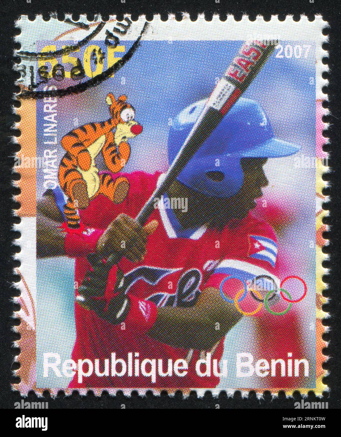 BENIN - CIRCA 2007: stamp printed by Benin, shows Omar Linares, Disney Caharacter and Olympic Rings, circa 2007 Stock Photo
