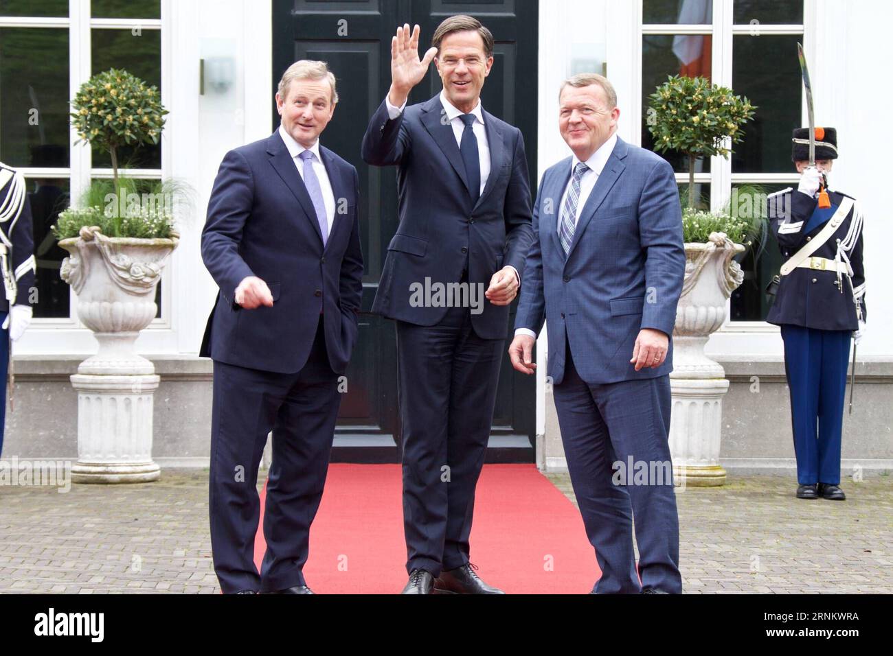 (170421) -- THE HAGUE, April 21, 2017 -- Dutch Prime Minister Mark Rutte (C) welcomes Danish Prime Minister Lars Loekke Rasmussen (R) and Irish Prime Minister Enda Kenny in The Hague, the Netherlands, on April 21, 2017. Dutch Prime Minister Mark Rutte met with Danish Prime Minister Lars Loekke Rasmussen and Irish Prime Minister Enda Kenny here on Friday to discuss current European issues, including Brexit negotiations. ) THE NETHERLANDS-THE HAGUE-DANMARK-IRELAND-PM-MEETING SylviaxLederer PUBLICATIONxNOTxINxCHN   The Hague April 21 2017 Dutch Prime Ministers Mark Rutte C welcomes Danish Prime M Stock Photo