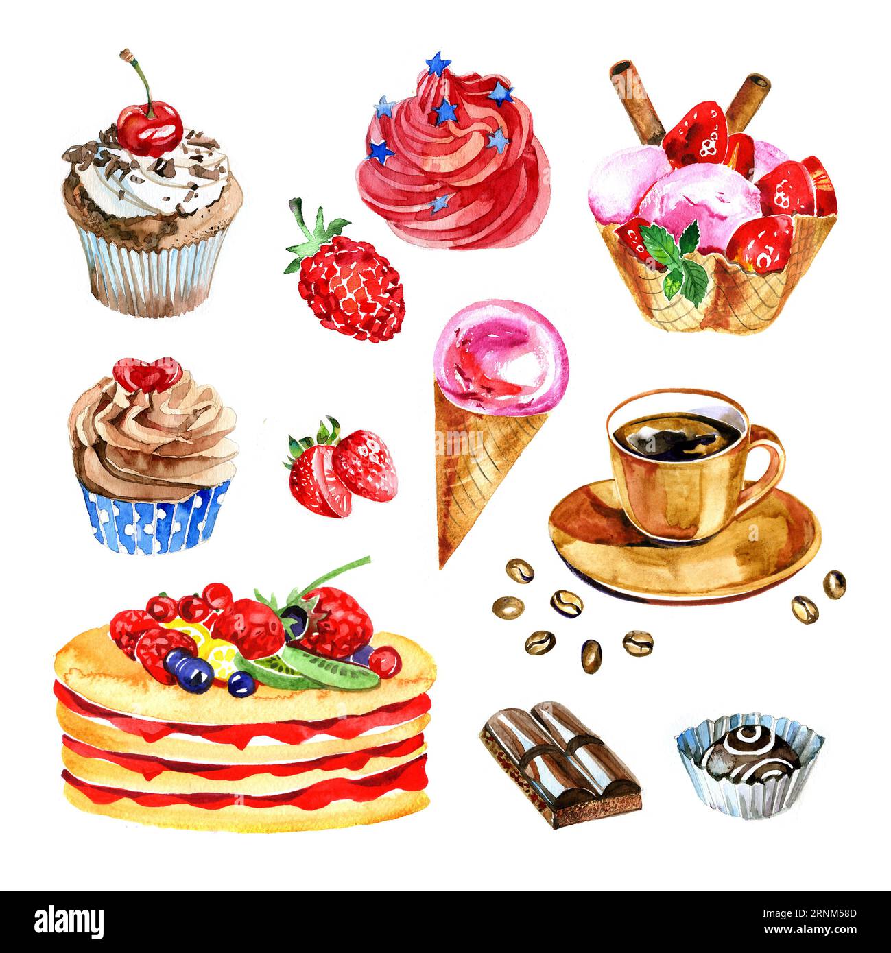 set of watercolor desserts, chocolate, coffee, cupcake illustration ...