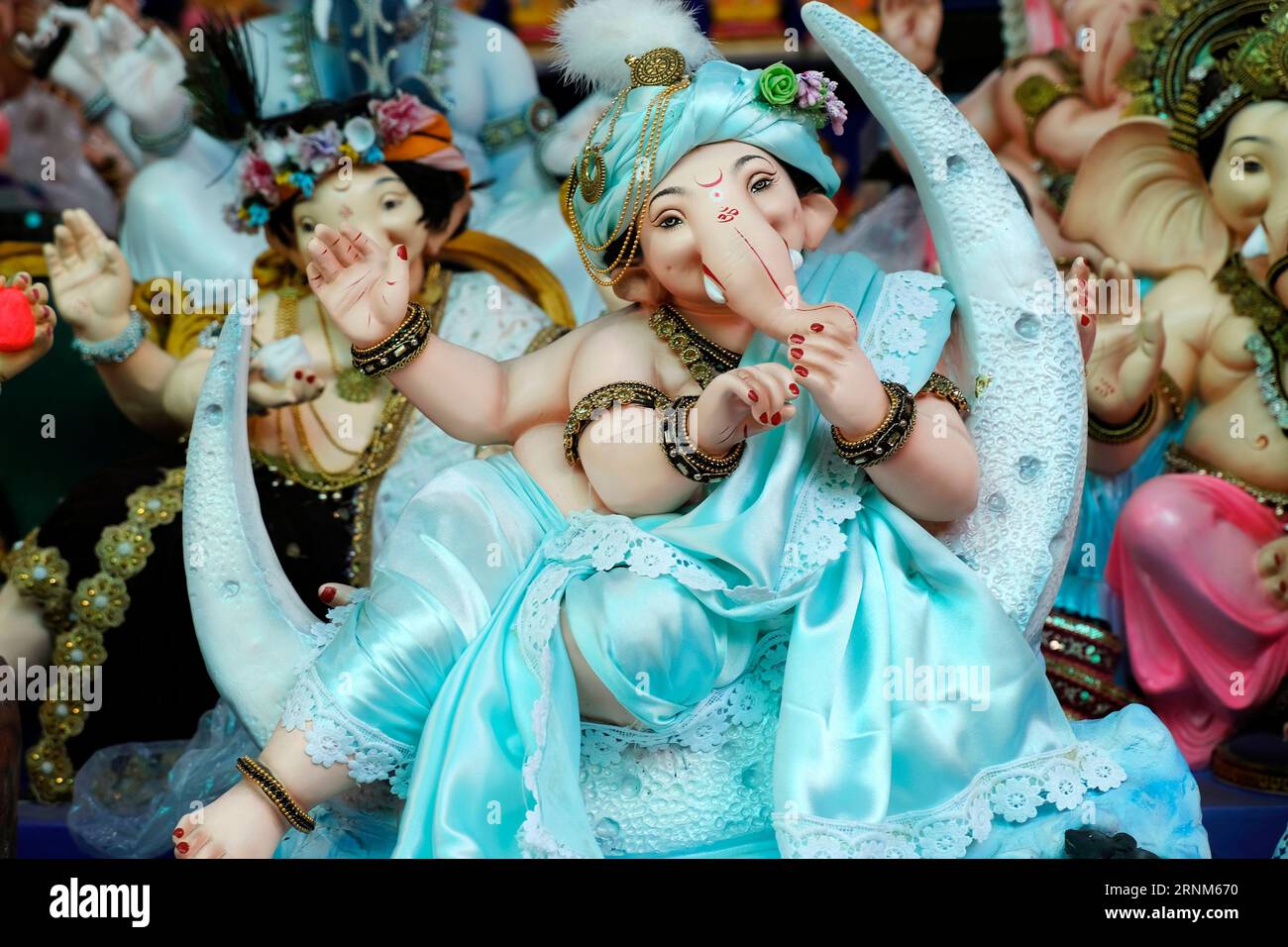 31 August 2023, Pune, India, Newly made idols of the God known as Ganesha or Ganapati for sale