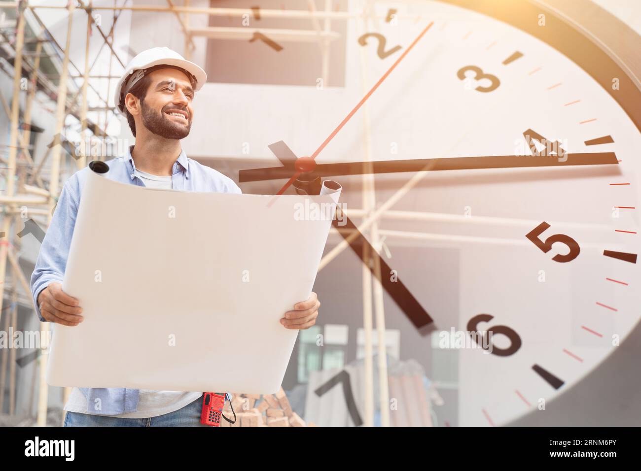 Happy construction project engineer manager overlay with time clock for good control timing punctual building house renovate concept Stock Photo