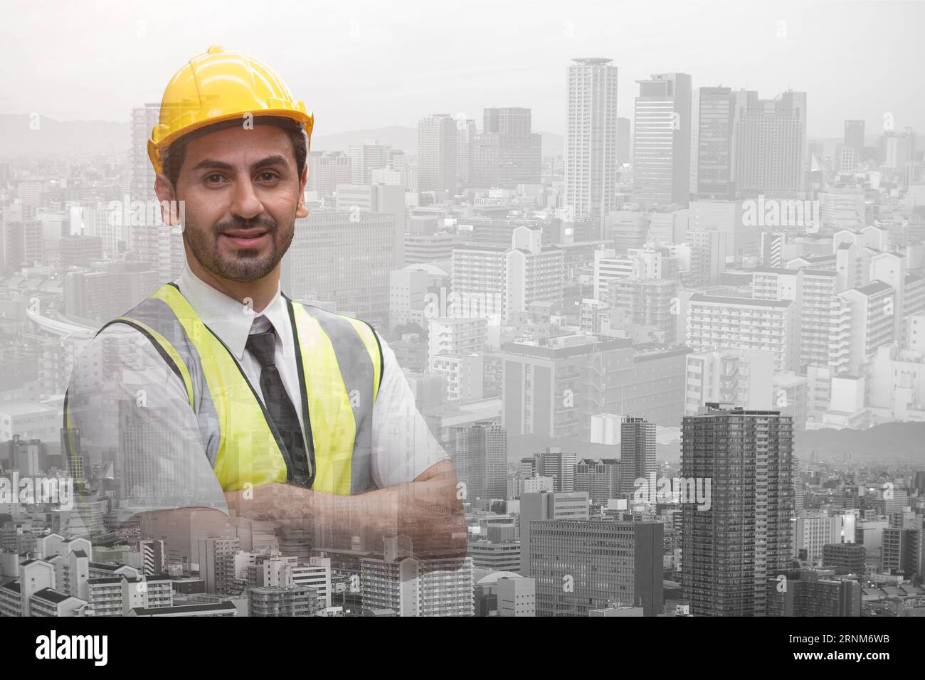 Smart Civil engineer male standing cofident smiling double exposure