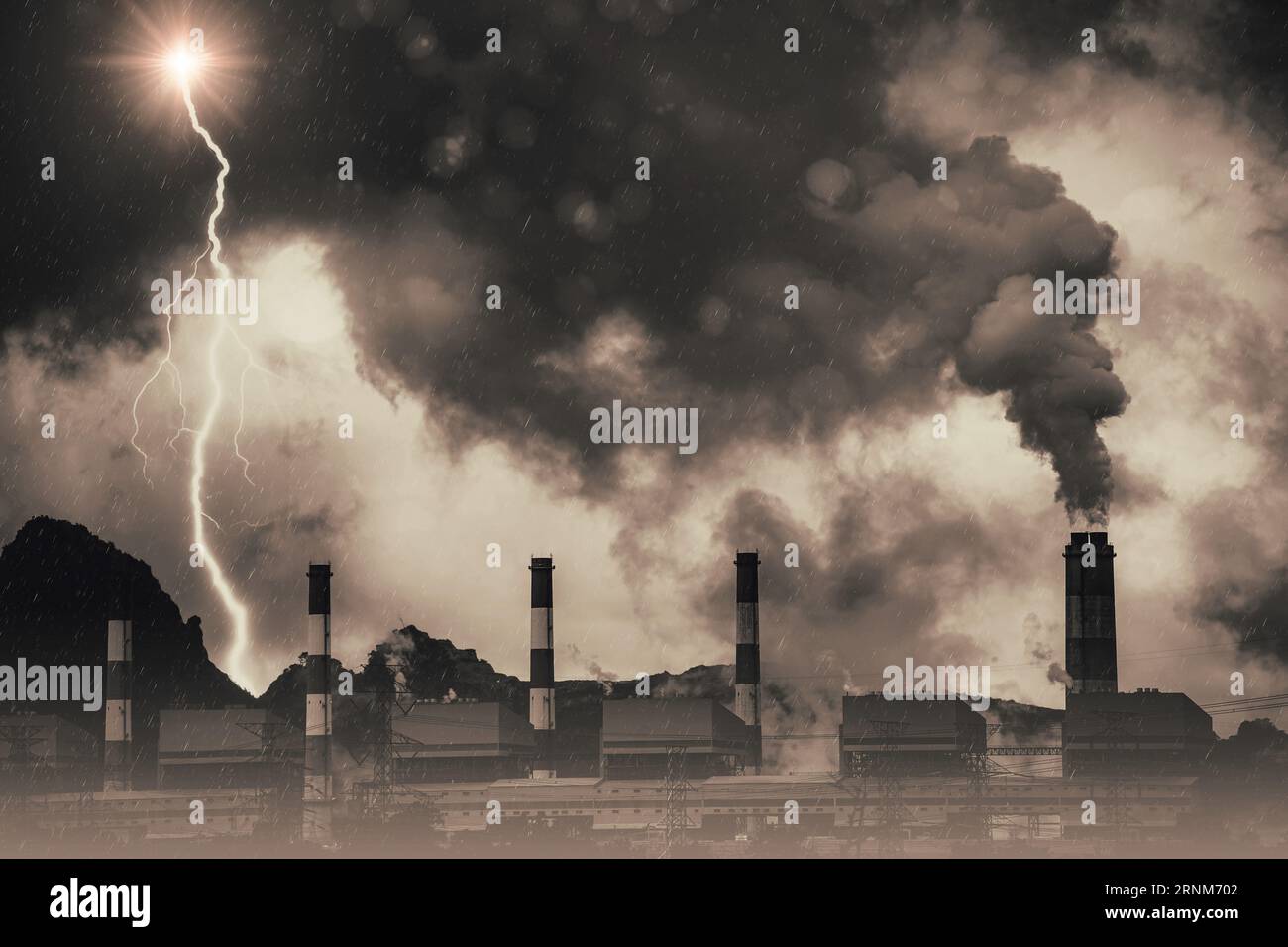 Industry chimney release dirty smoke carbon monoxide air pollution acid rain to lanina global warming effect Stock Photo