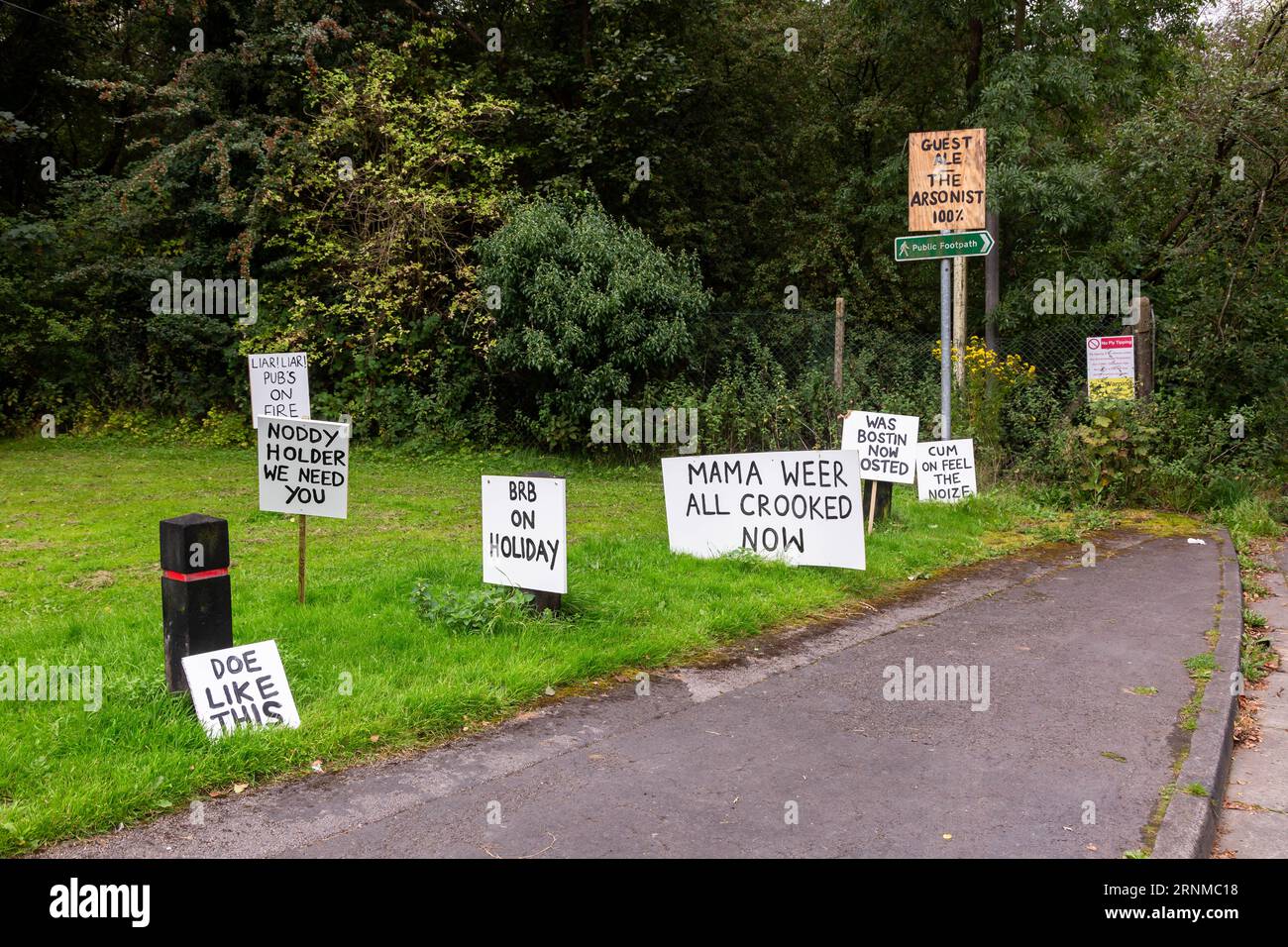 Himley, Staffordshire, UK. 2nd Sep, 2023. Four weeks after the famous Crooked House pub burned down, protest signs and the Black Country's flag are displayed in support of re-building the landmark building in the same location. Credit: Peter Lopeman/Alamy Live News Stock Photo