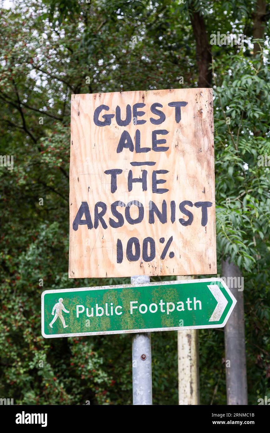 Himley, Staffordshire, UK. 2nd Sep, 2023. Four weeks after the famous Crooked House pub burned down, protest signs and the Black Country's flag are displayed in support of re-building the landmark building in the same location. A sign alludes to the arsonist as a guest ale. Credit: Peter Lopeman/Alamy Live News Stock Photo