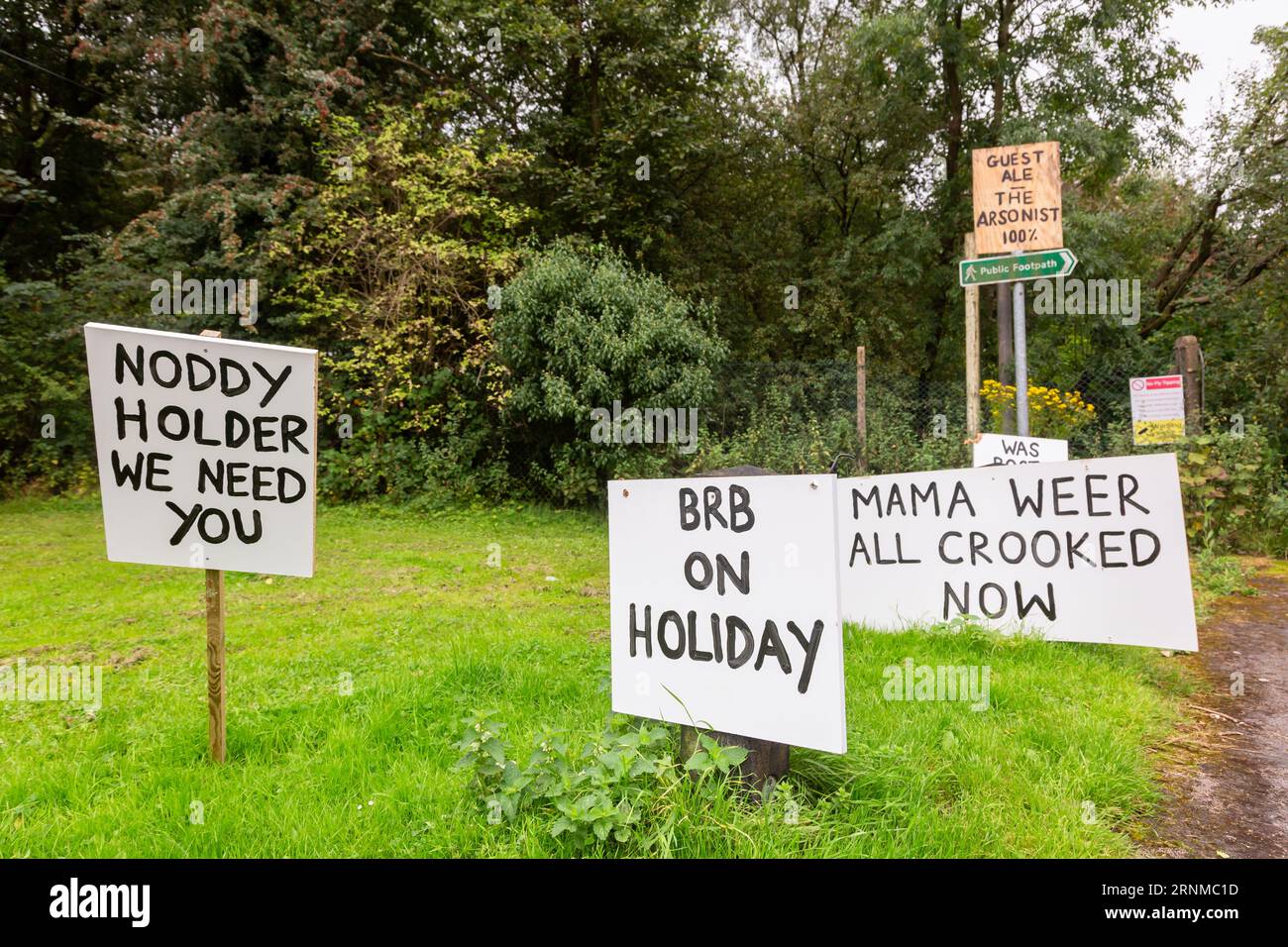Himley, Staffordshire, UK. 2nd Sep, 2023. Four weeks after the famous Crooked House pub burned down, protest signs and the Black Country's flag are displayed in support of re-building the landmark building in the same location. Signs refer to local Slade frontman Noddy Holder. Credit: Peter Lopeman/Alamy Live News Stock Photo