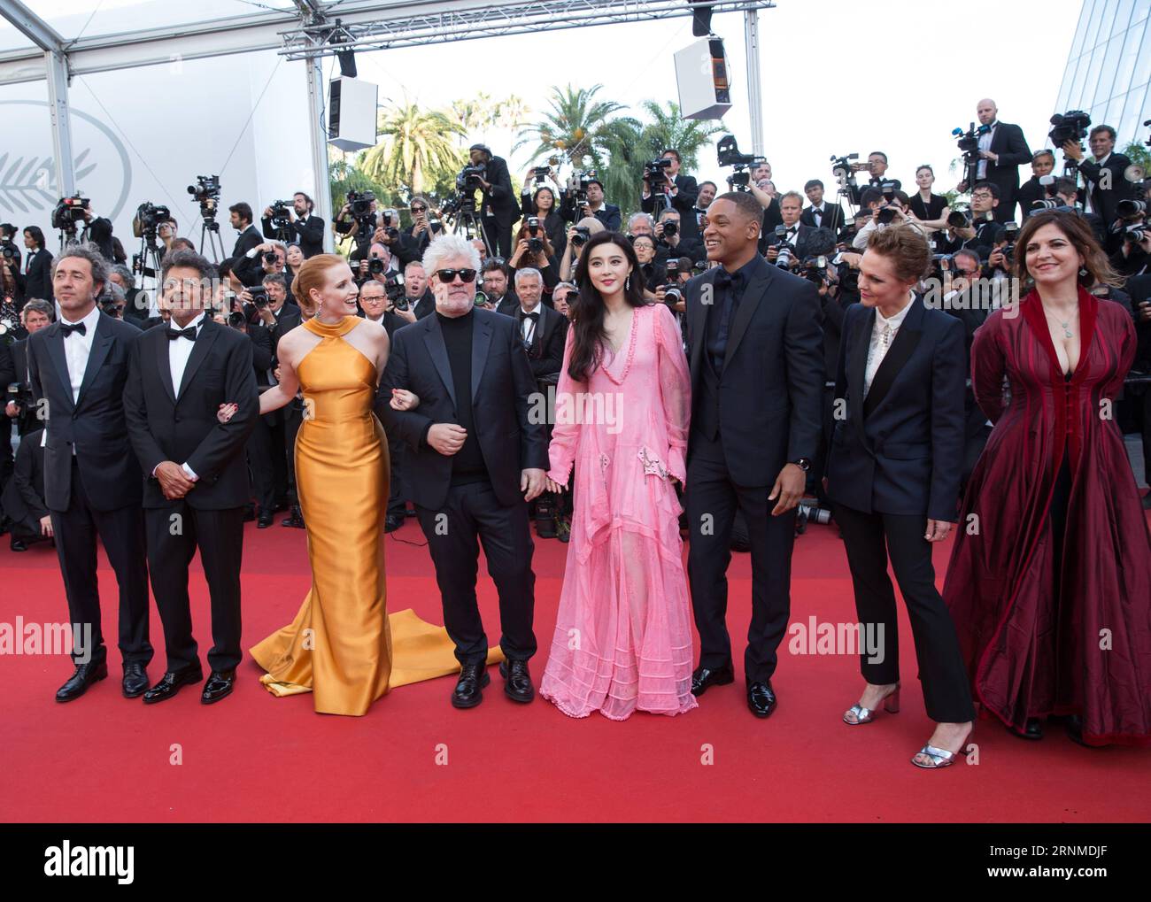 (170524) -- CANNES, May 24, 2017 -- Jury members of the 70th Cannes International Film Festival Agnes Jaoui, Maren Ade, Will Smith, Fan Bingbing, Pedro Almodovar, Jessica Chastain, Gabriel Yared, Paolo Sorrentino (R-L) attend the 70th Anniversary ceremony of the Cannes Film Festival in Cannes, France, May 23, 2017. ) (jmmn) FRANCE-CANNES-FILM FESTIVAL-70TH ANNIVERSARY-RED CARPET XuxJinquan PUBLICATIONxNOTxINxCHN   Cannes May 24 2017 Jury Members of The 70th Cannes International Film Festival Agnes Jaoui Maren ADE will Smith supporter Bing Bing Pedro Almodovar Jessica Chastain Gabriel Yared Pao Stock Photo