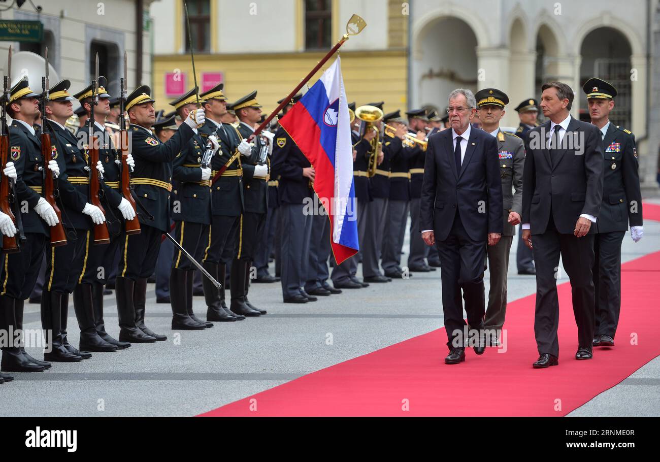 (170524) -- LJUBLJANA, May 24, 2017 -- Slovenian President Borut Pahor (Front R) and visiting Austrian President Alexander Van der Bellen (Front L) inspect the honor guard during a welcome ceremony in Ljubljana, Slovenia, on May 24, 2017. ) (zf) SLOVENIA-LJUBLJANA-AUSTRALIA-POLITICS-VISIT MATICxSTOJS PUBLICATIONxNOTxINxCHN   Ljubljana May 24 2017 Slovenian President Borut Pahor Front r and Visiting Austrian President Alexander van the Bellen Front l inspect The HONOR Guard during a Welcome Ceremony in Ljubljana Slovenia ON May 24 2017 ZF Slovenia Ljubljana Australia POLITICS Visit  PUBLICATION Stock Photo