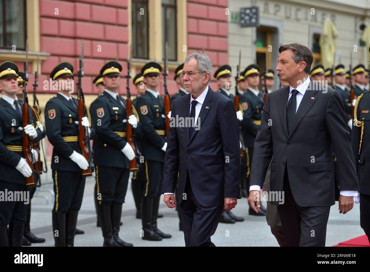 (170524) -- LJUBLJANA, May 24, 2017 -- Slovenian President Borut Pahor (Front R) and visiting Austrian President Alexander Van der Bellen (Front L) inspect the honor guard during a welcome ceremony in Ljubljana, Slovenia, on May 24, 2017. ) (zf) SLOVENIA-LJUBLJANA-AUSTRALIA-POLITICS-VISIT MATICxSTOJS PUBLICATIONxNOTxINxCHN   Ljubljana May 24 2017 Slovenian President Borut Pahor Front r and Visiting Austrian President Alexander van the Bellen Front l inspect The HONOR Guard during a Welcome Ceremony in Ljubljana Slovenia ON May 24 2017 ZF Slovenia Ljubljana Australia POLITICS Visit  PUBLICATION Stock Photo