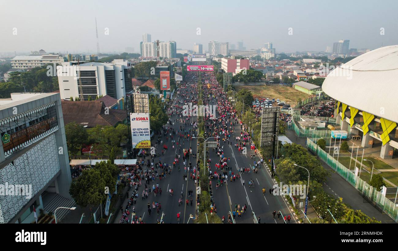 Aerial View of the A huge crowd attends the car free day along Ahmad Yani street Bekasi business
