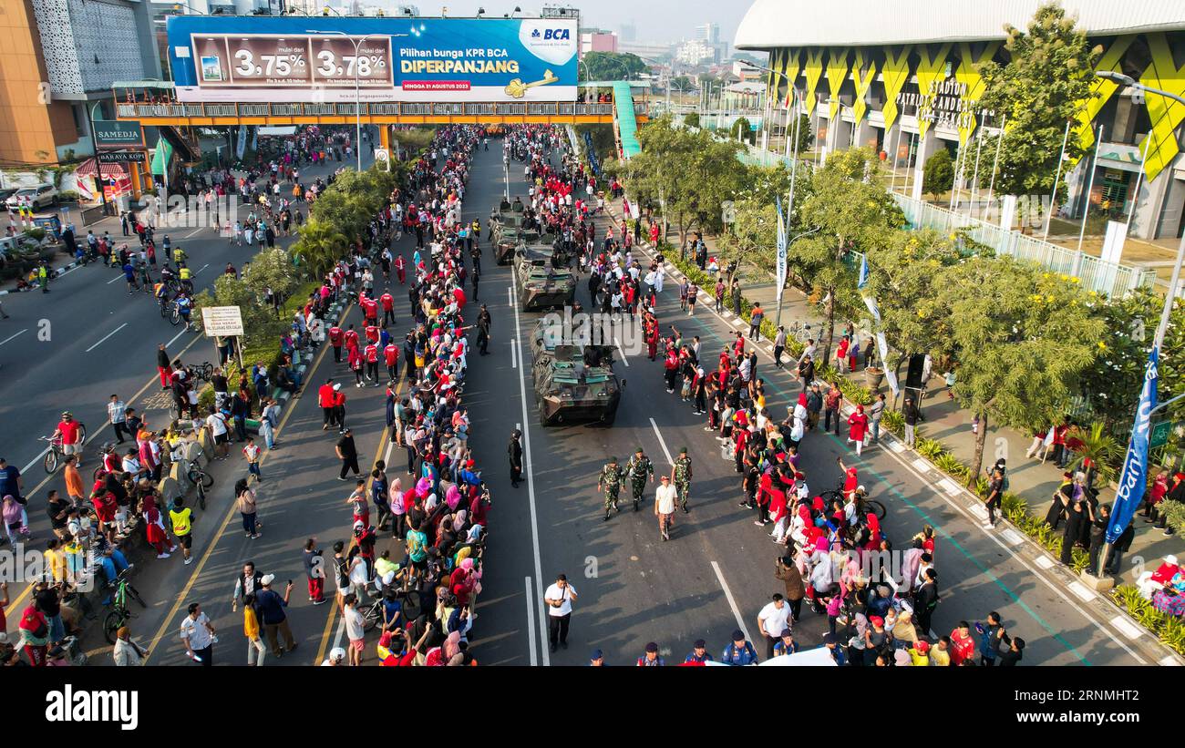 Aerial View of the A huge crowd attends the car free day along Ahmad Yani street Bekasi business