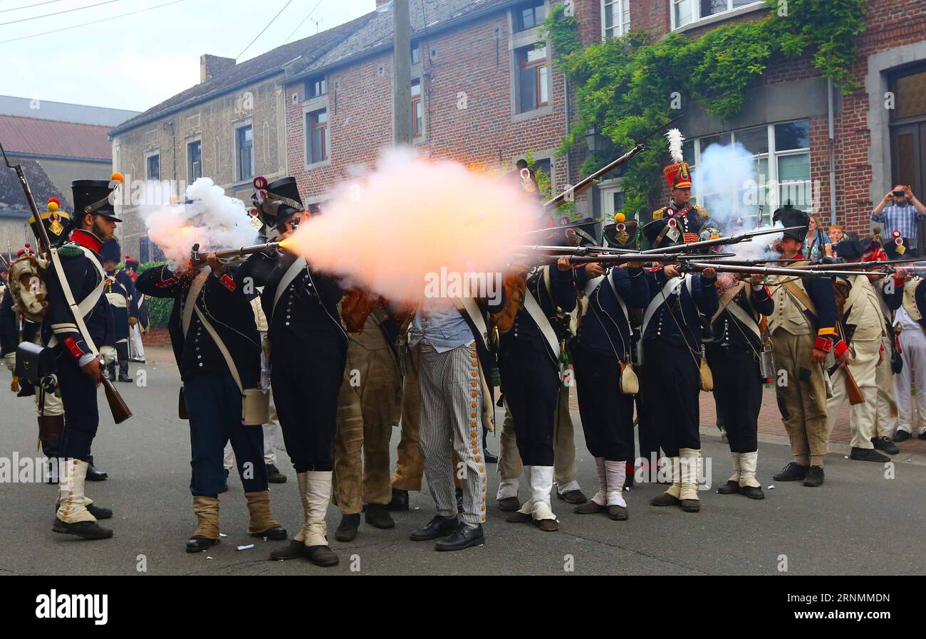 (170604) -- LIGNY, June 4, 2017 -- Participants take part in the re-enactment of the Battle of Ligny, in Ligny, Belgium, June 3, 2017. The Battle of Ligny took place on June 16, 1815, and was the final victory in the military career of Napoleon Bonaparte in which his troops defeated a Prussian force. ) (zcc) BELGIUM-LIGNY-BATTLE-RE-ENACTMENT GongxBing PUBLICATIONxNOTxINxCHN   Ligny June 4 2017 Participants Take Part in The right enactment of The Battle of Ligny in Ligny Belgium June 3 2017 The Battle of Ligny took Place ON June 16 1815 and what The Final Victory in The Military Career of Napol Stock Photo
