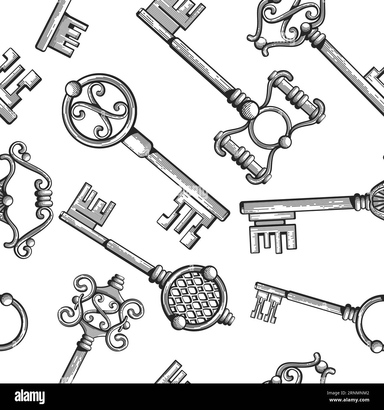 Vintage keys seamless pattern. Engraved victorian drawing Stock Vector