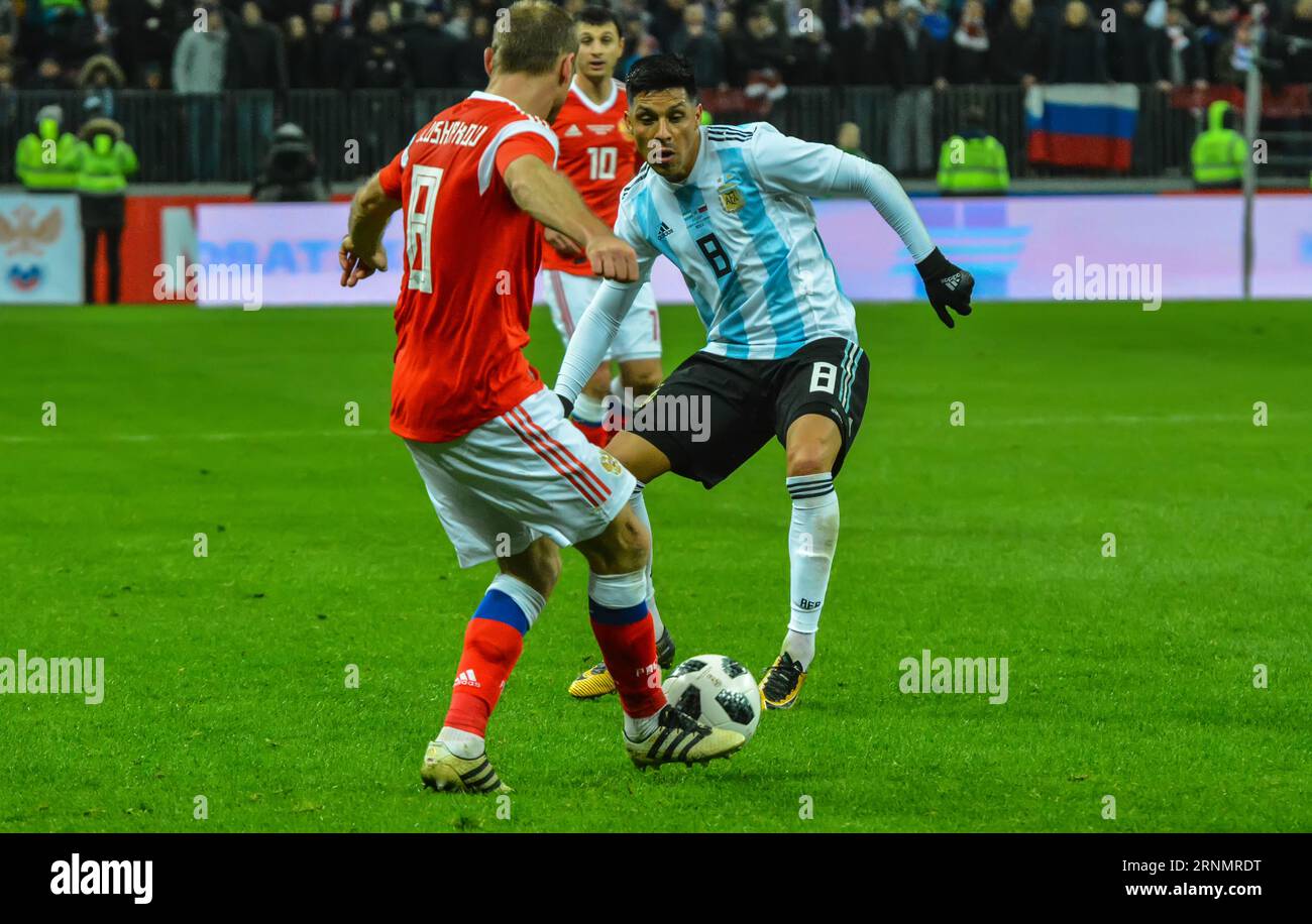 Moscow, Russia – November 11, 2017. Argentina national football team midfielder Enzo Perez in action during international friendly Russia vs Argentina Stock Photo