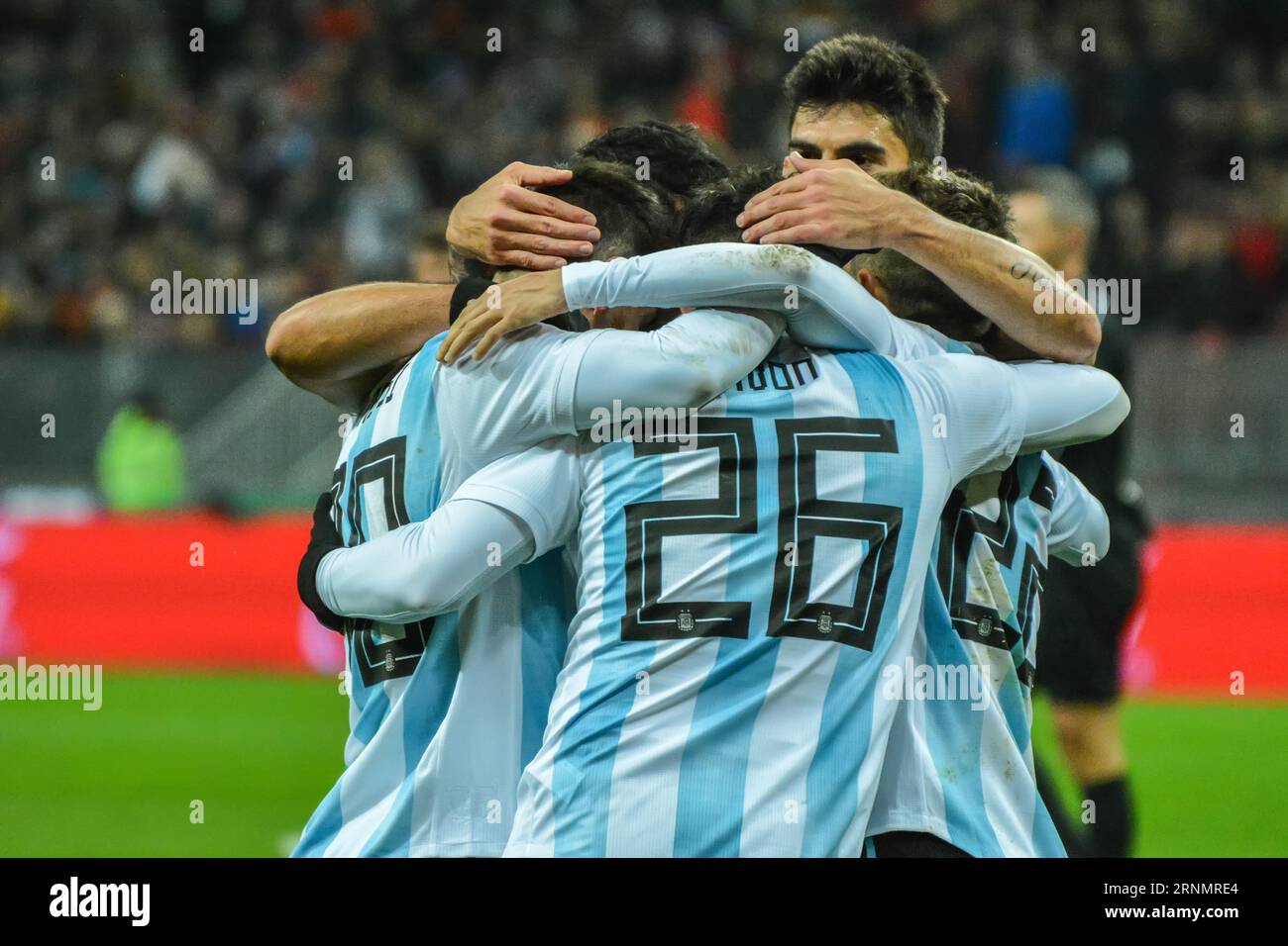Moscow, Russia – November 11, 2017. Argentina national football team players celebrating Sergio Aguero’s goal in international friendly Russia vs Arge Stock Photo