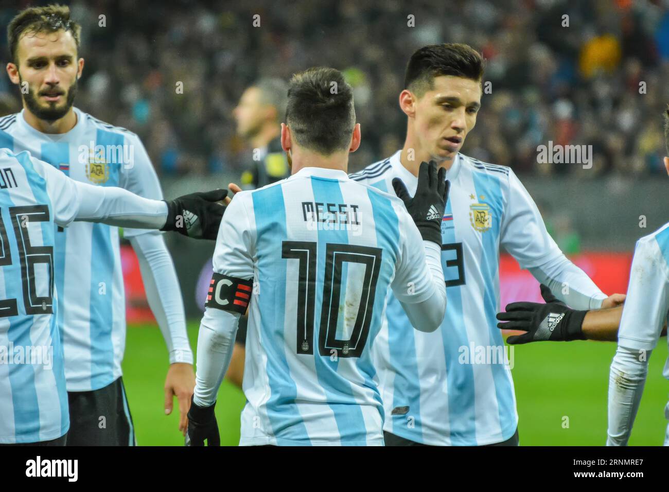 Moscow, Russia – November 11, 2017. Argentina national football team players celebrating Sergio Aguero’s goal in international friendly Russia vs Arge Stock Photo