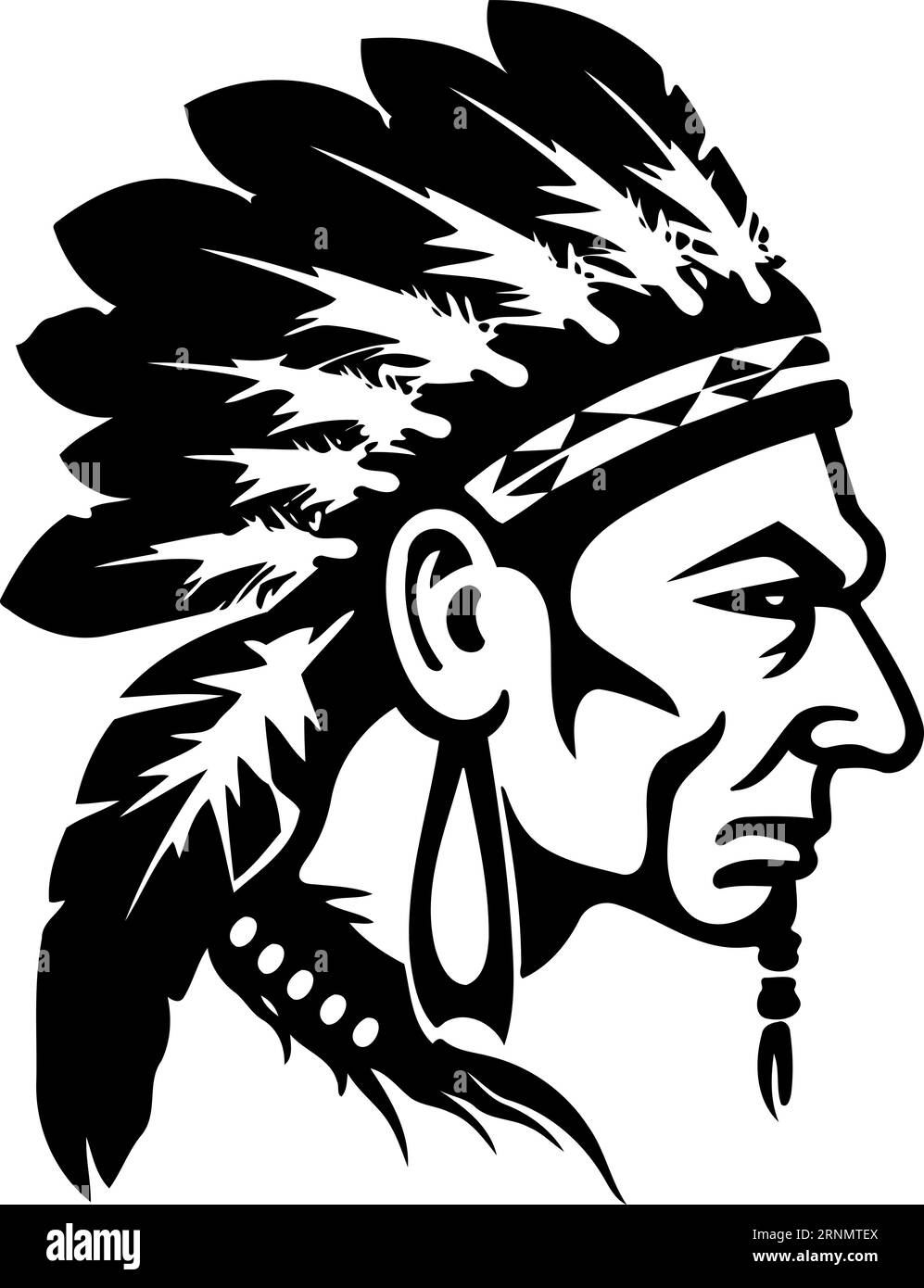 face of indian man with headdress in black and white minimalistic vector illustration Stock Vector