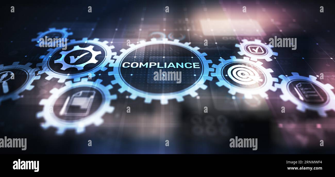 Compliance concept with icons and text. Regulations, law, standards ...
