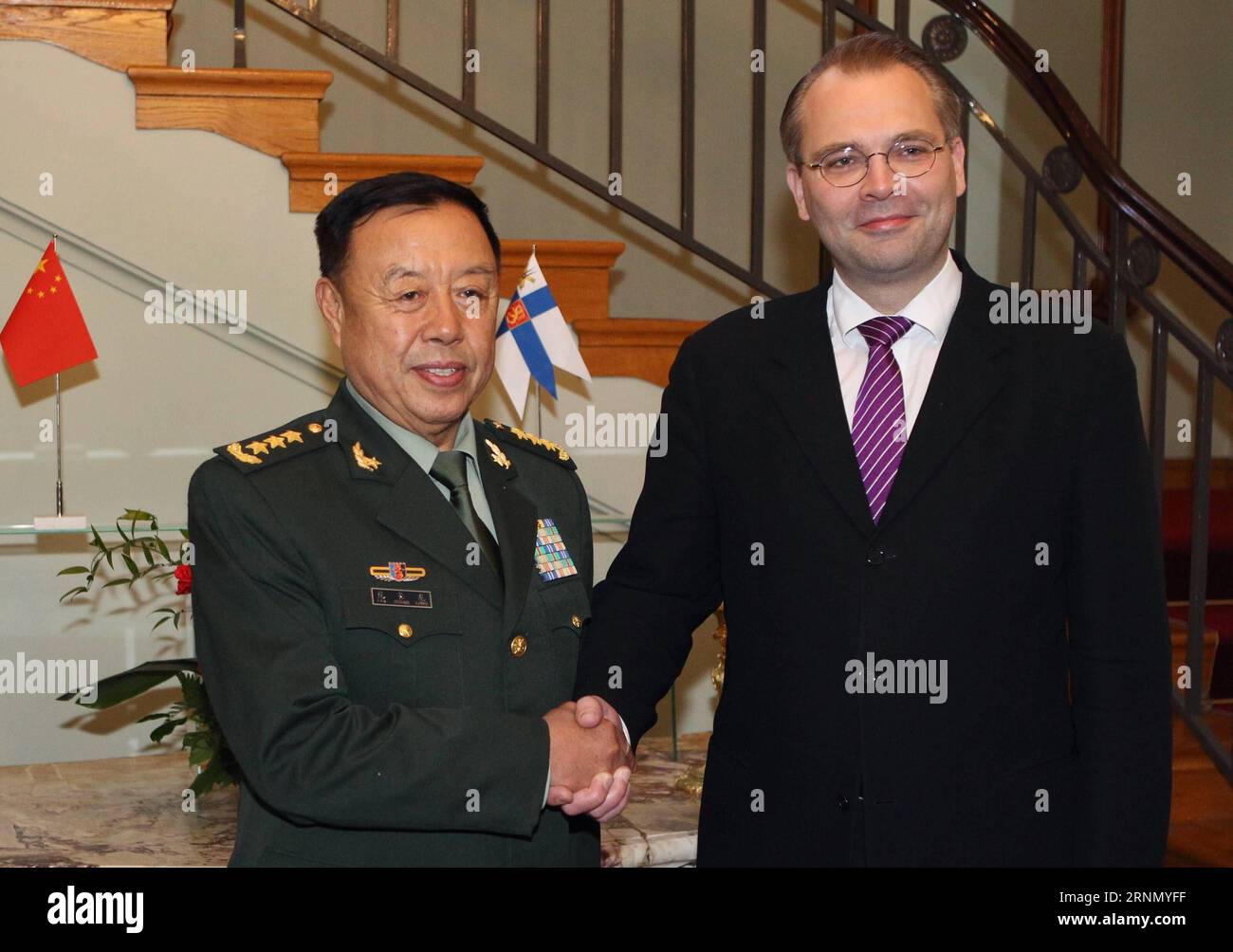 (170616) -- HELSINKI, June 16, 2017 -- Finnish Defense Minister Jussi Niinisto (R) shakes hands with Fan Changlong, vice chairman of the Central Military Commission (CMC) of China, during their meeting in Helsinki, Finland, on June 15, 2017. ) FINLAND-HELSINKI-CHINA-FAN CHANGLONG-VISIT LixJizhi PUBLICATIONxNOTxINxCHN   170616 Helsinki June 16 2017 Finnish Defense Ministers Jussi Niinisto r Shakes Hands With supporter Chang Long Vice Chairman of The Central Military Commission CMC of China during their Meeting in Helsinki Finland ON June 15 2017 Finland Helsinki China supporter Chang Long Visit Stock Photo