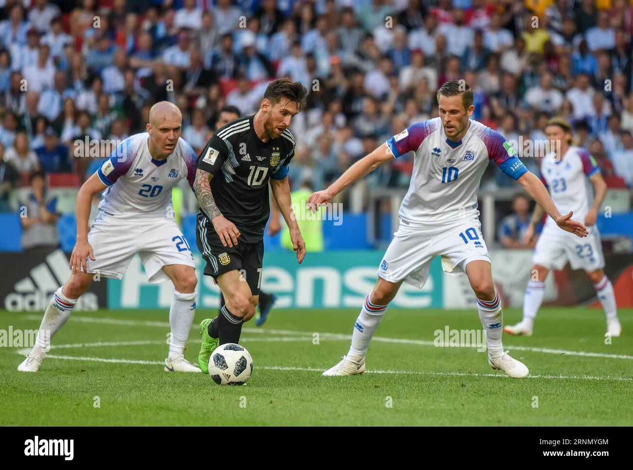 Moscow, Russia - June 16, 2018. Argentina national football team captain Lionel Messi with Iceland players Emil Hallfredsson and Gylfi Sigurdsson duri Stock Photo