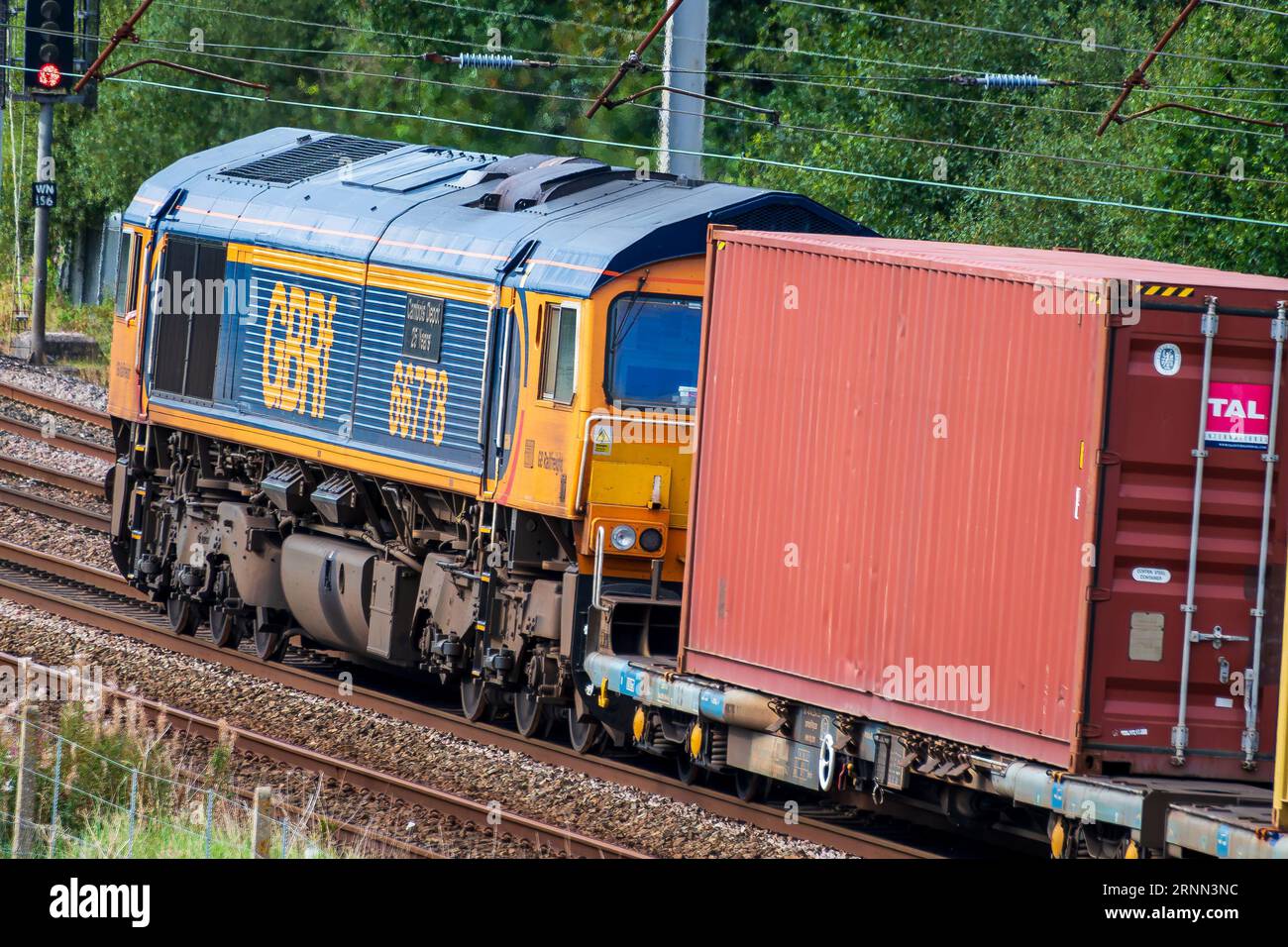 GBRF Class 66 Diesel electric freight locomotive named Cambois Depot on the West Coast main line at Winwick. Stock Photo