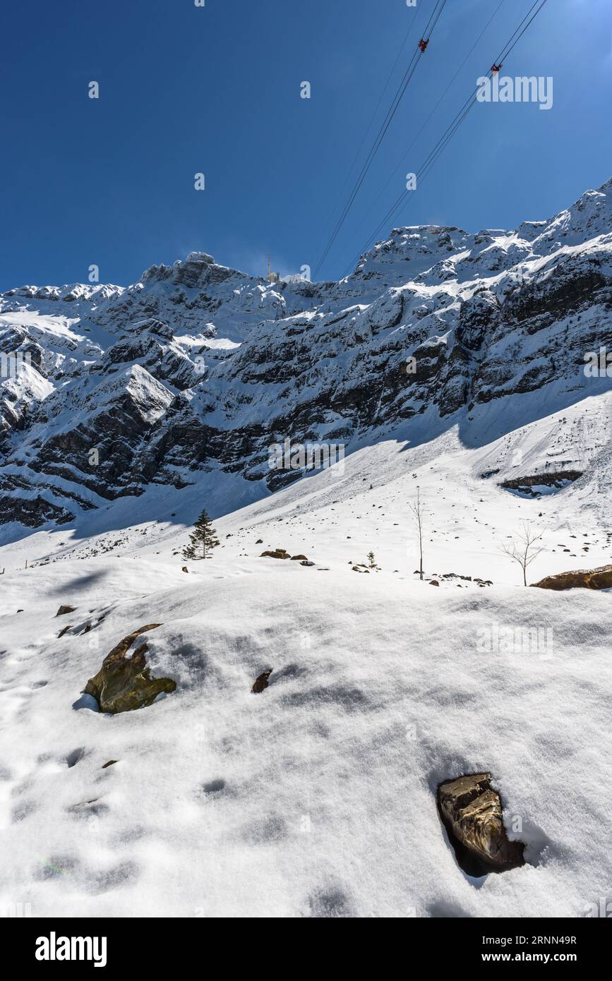 The snowcapped Mt. Saentis in the Appenzell Alps, view from the Schwaegalp, Appenzell Ausserrhoden, Switzerland Stock Photo