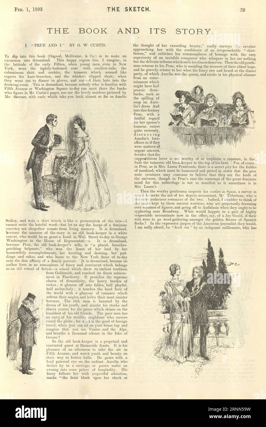 Old magazine review with illustrations of Prue and I by George William Curtis, 19th Century Stock Photo
