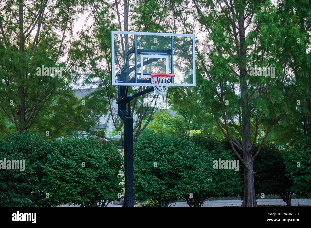 closeup of a city park outdoors basketball hoop at sunrise Stock Photo