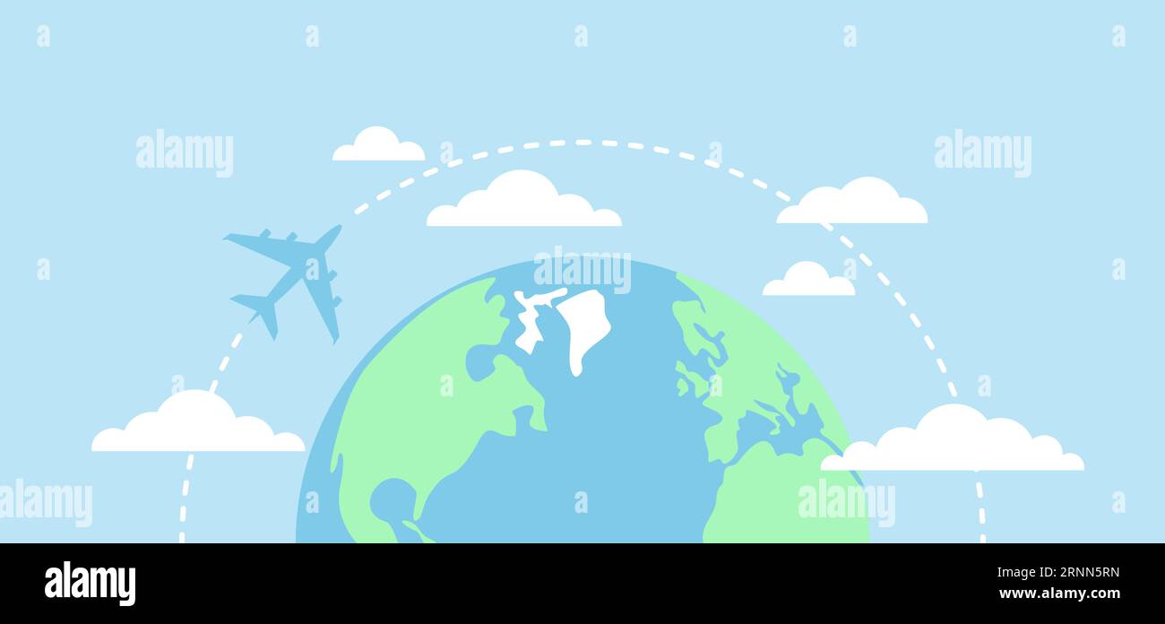 Earth globe with an airplane flying around it and clouds on a blue ...