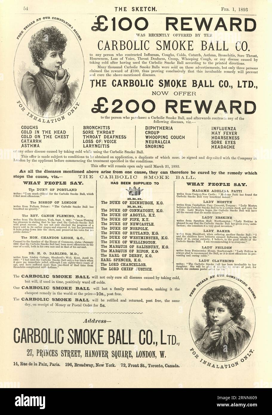 Victorian advert for the Carbolic Smoke Ball, a Victorian flu remedy which claimed to be a cure for influenza and a number of other diseases. 1890s Stock Photo