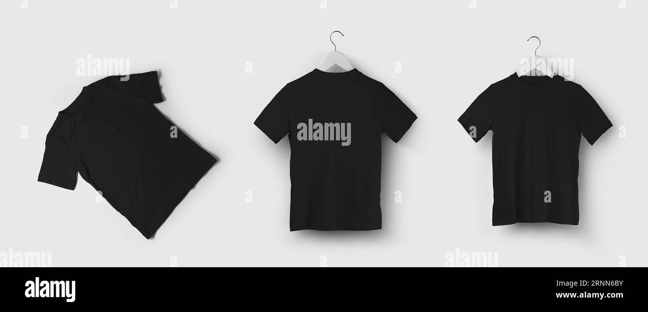 Mockup of a black t-shirt on a hanger, presentation of a cotton shirt front, back, diagonally for design, pattern, brand. Product photography for comm Stock Photo