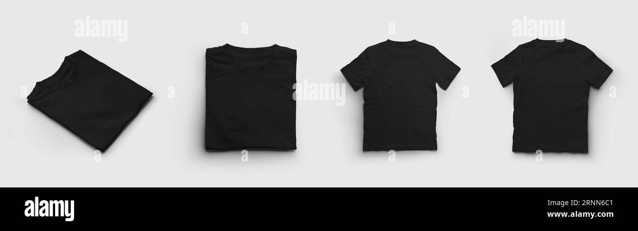 Mockup of a black children's t-shirt, a folded cotton shirt from the front, back, diagonally, isolated on the background. Set. Product photography. Ap Stock Photo