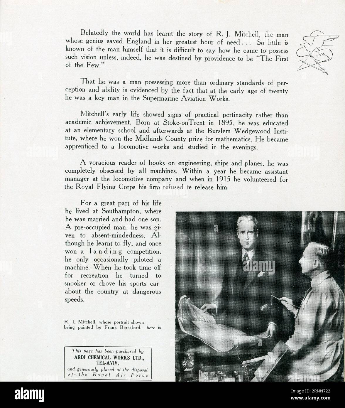 Inside page of programme with painting of R.J. Mitchell by Frank Beresford from circa September 1943 for Gala Performance in aid of the RAF Benevolent Fund at the Rex Cinema, Jerusalem of LESLIE HOWARD as R.J. Mitchell in THE FIRST OF THE FEW / SPITFIRE 1942 director LESLIE HOWARD music William Walton British Aviation Pictures / General Film Distributors (UK) - RKO Radio Pictures (US) Stock Photo